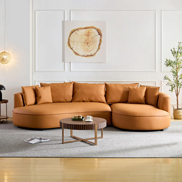 129" Curved Oversized Modular Bonded Leather Sectional Sofa with Right Chaise, 4 Pillows, 3 Back Cushion, Modern