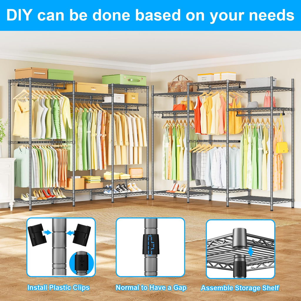 E13 Heavy Duty Clothes Rack(With 4 Hanger Rods & 8 Shelves) Freestanding Clothing Racks for Hanging