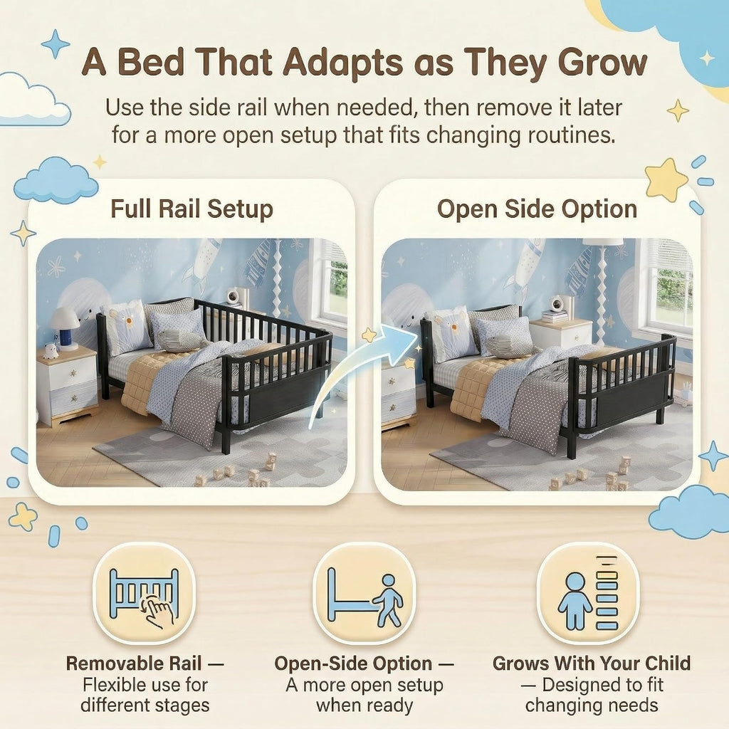 Twin Kids Bed Frame with Rails, Low Profile Montessori-Style Metal Bed for Boys Girls Teens, Removable Side Rail