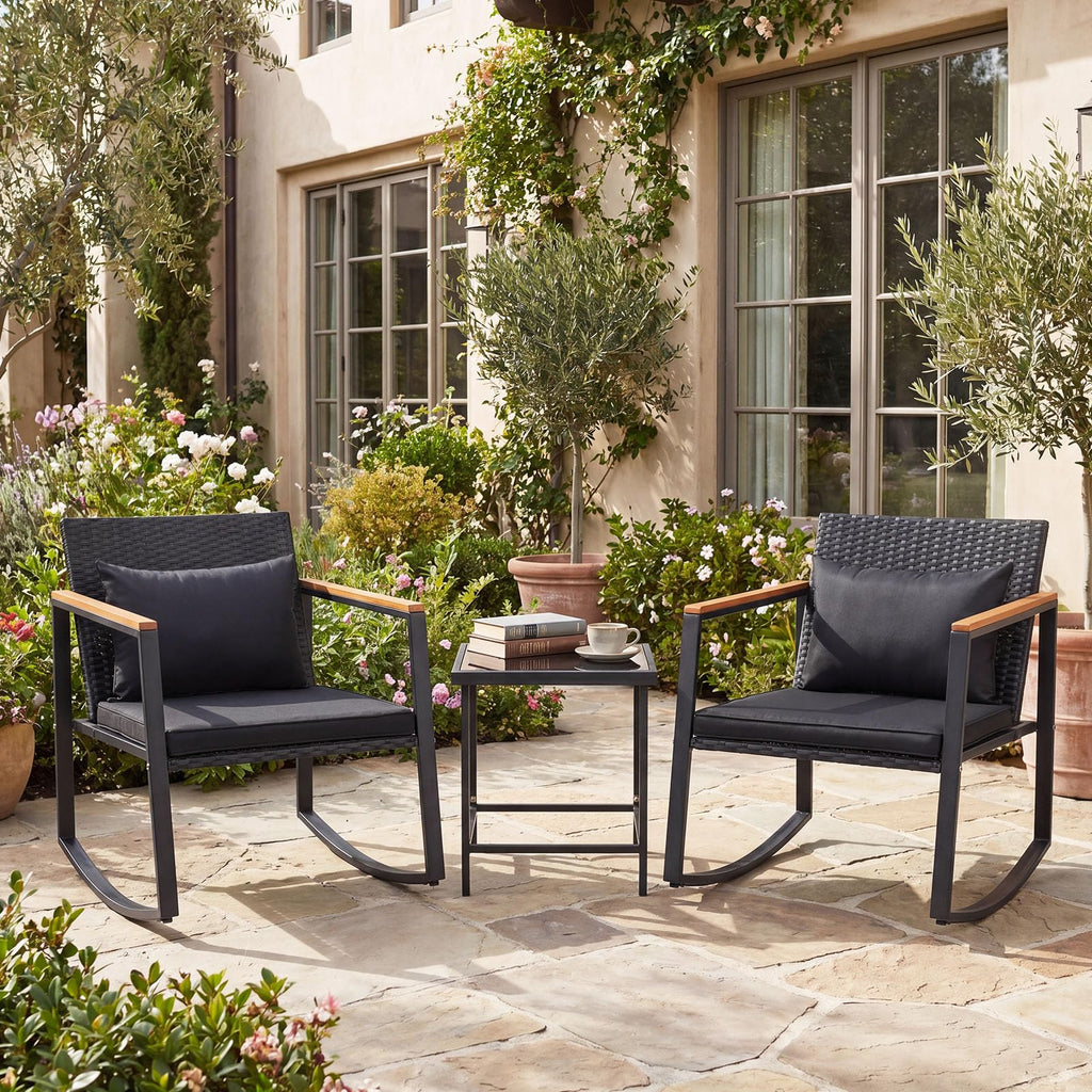 3-Piece Outdoor Rocking Chair Set, Black Cushion & Natural Armrest