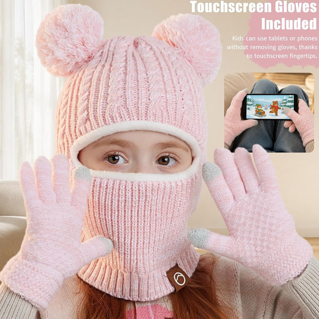 Kids Winter Hat Gloves Scarf Set Thicken Warm Fleece Lined Balaclava
