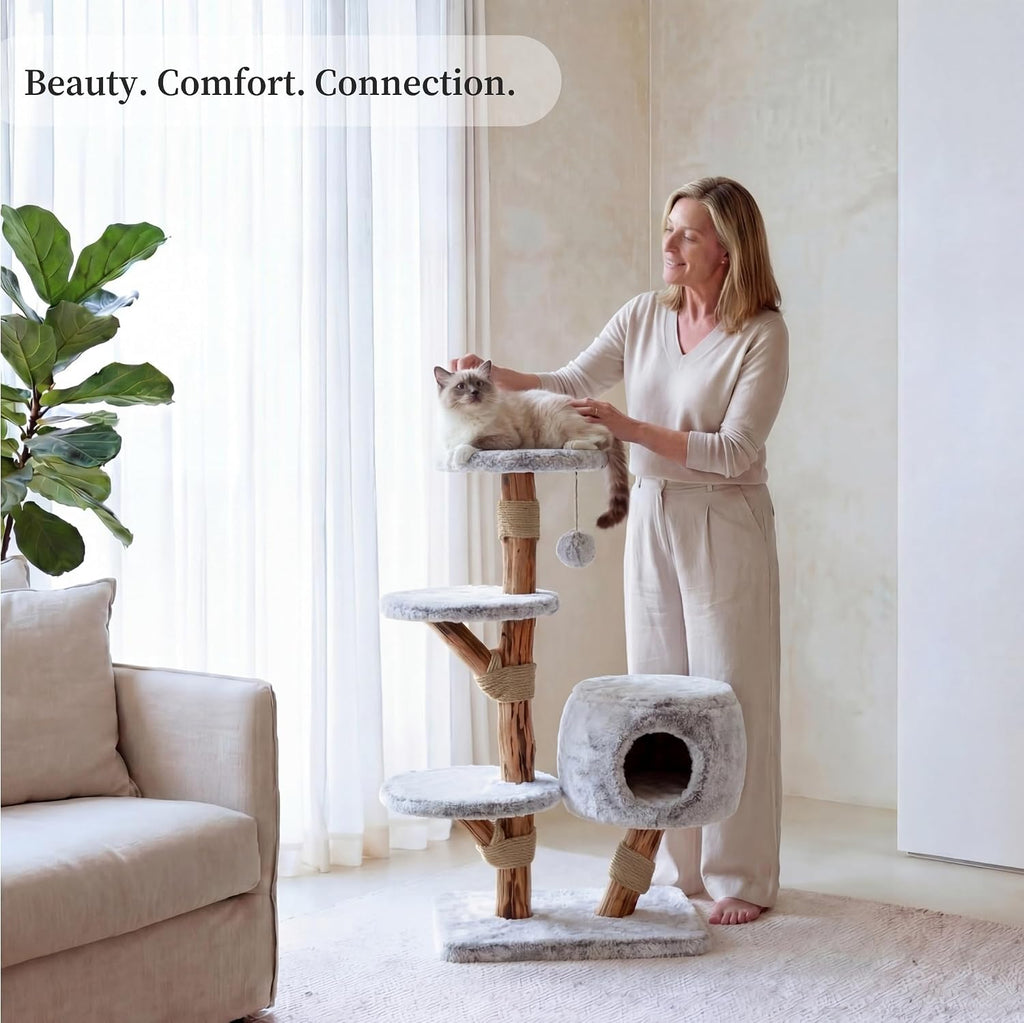 Modern Cat Tree Tower with Cave, Real Wood Cat Scratching Post with Bed for Indoor Cats Large Adult, Solid Wooden