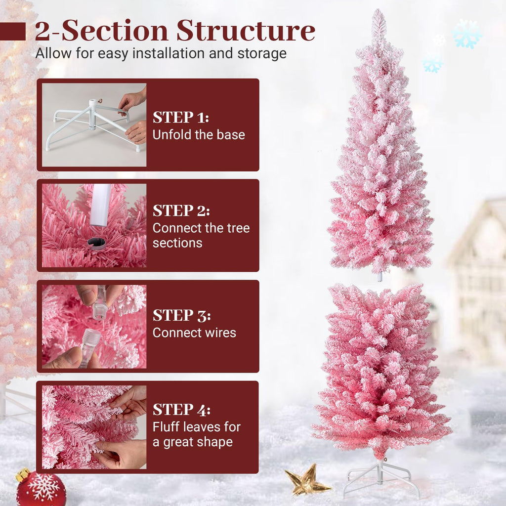 6ft Pink Flocked Christmas Tree, Pre-lit Slim Pencil Xmas Tree
