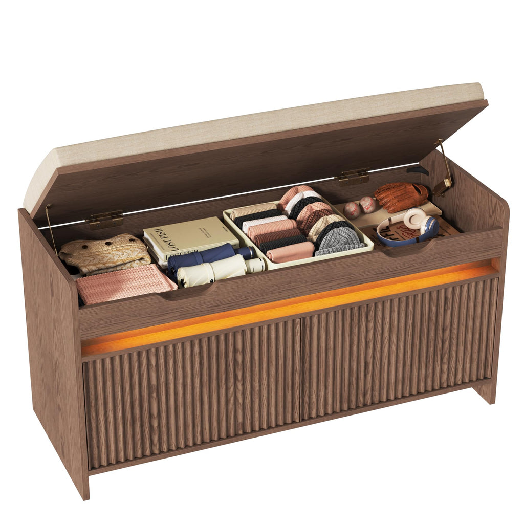 Shoe Storage Bench, Modern Entryway Bench with Fluted Doors & Built-in LED Sensor Light, Wooden Shoe Bench with