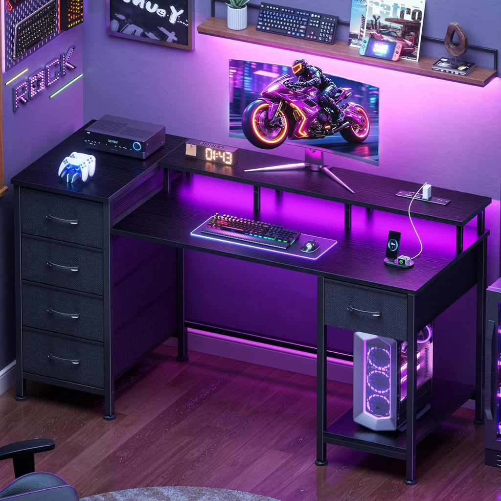 47 Inch Gaming Desk with Power Outlets and LED Lights, Reversible Computer Desk with 5 Fabric Storage Drawers, Home