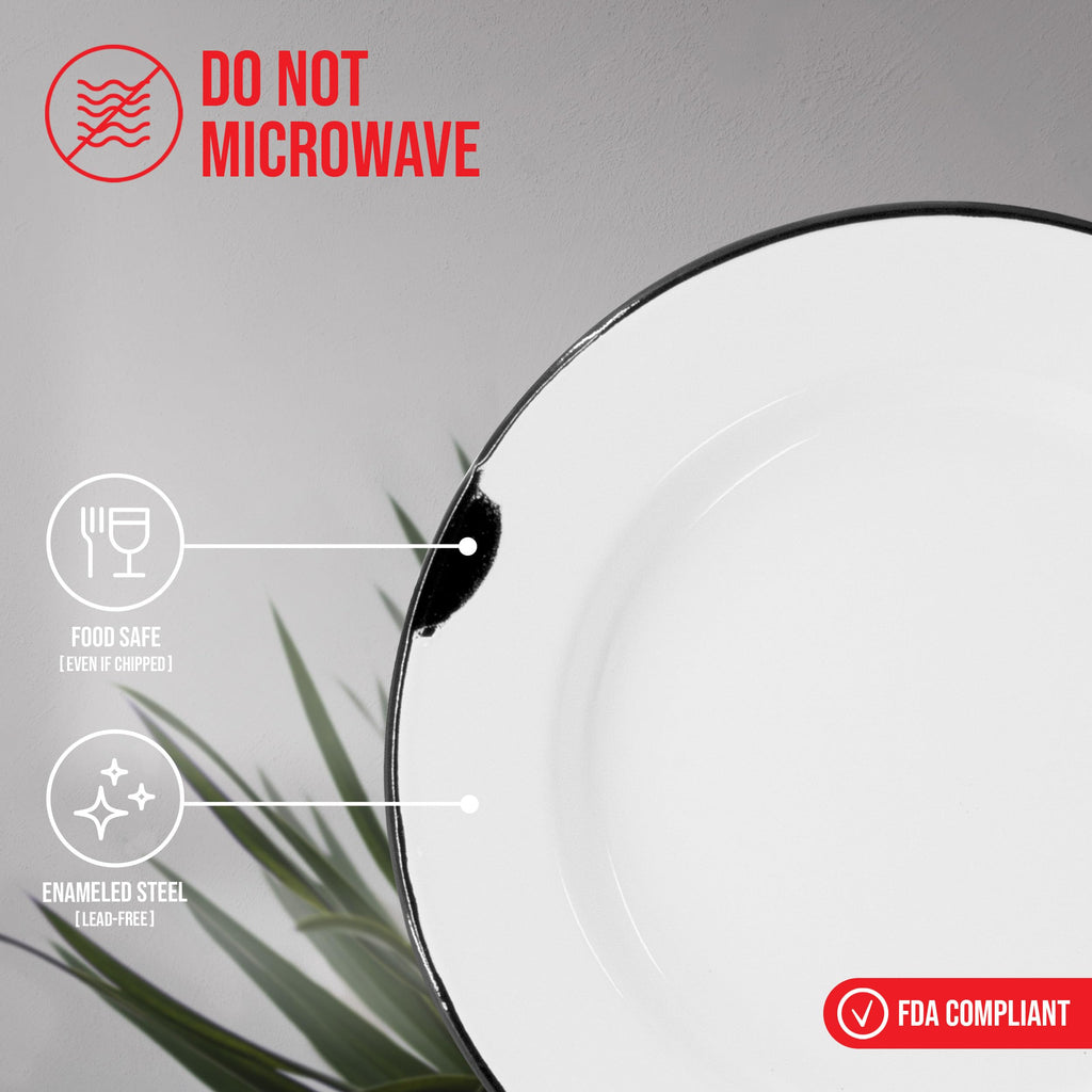 16-Piece Enamelware Metal Dinnerware Set for 4, Distressed White/Black Rim