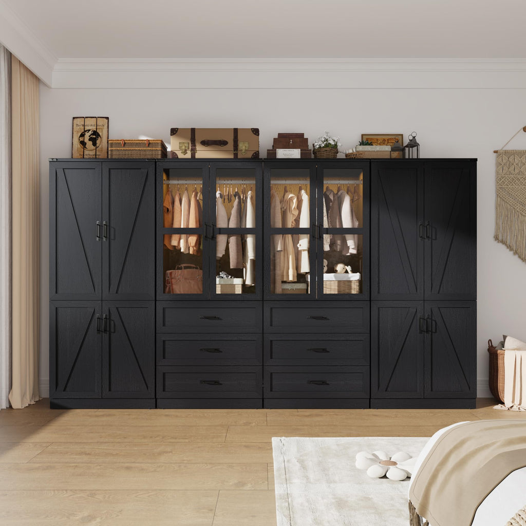 75" Tall Farmhouse 8 Doors Armoire Wardrobe Closet with 6 Drawers and LED, Freestanding Closet Wardrobe Cabinet with