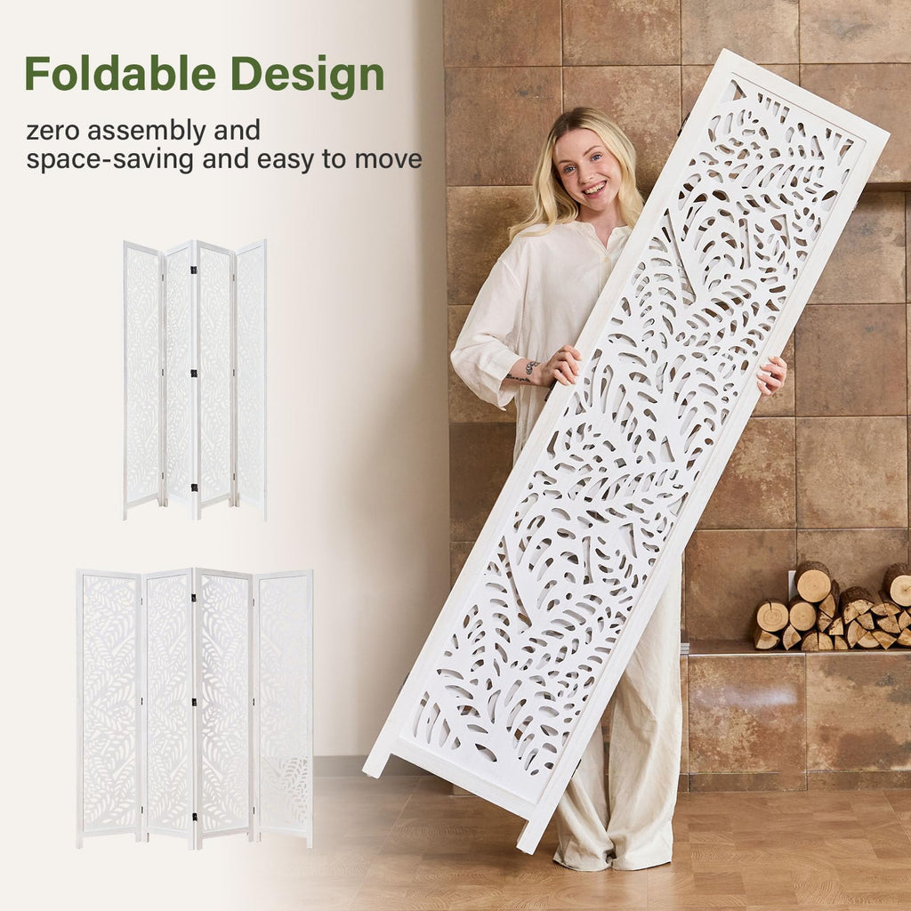 Leaf-Carved Room Divider Privacy Screen - 67 Inch Tall Foading Decorative Wood Screen Dividers Panel - Natural Wood