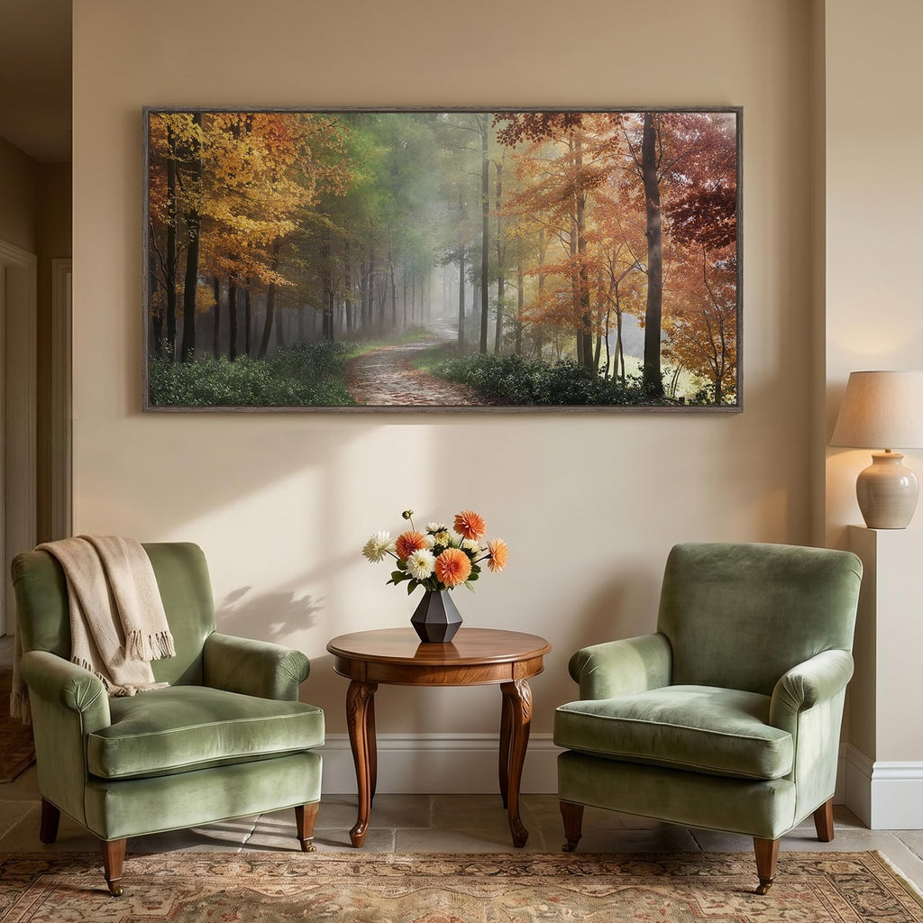 Framed Misty Forest Fall Landscape Wall Art, 60x30 Inch