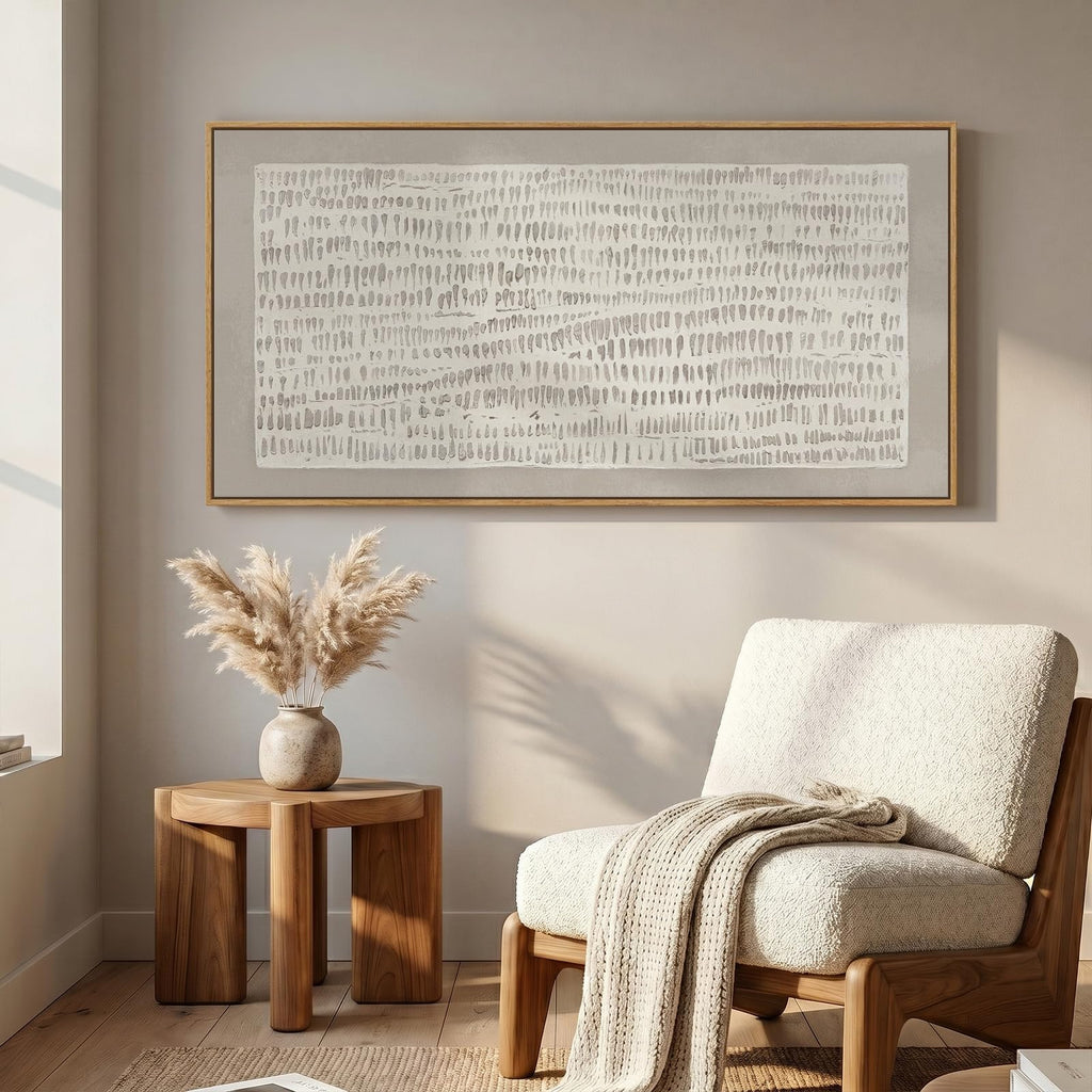 Large Framed Beige Abstract Wall Art, Horizontal 60x30 In