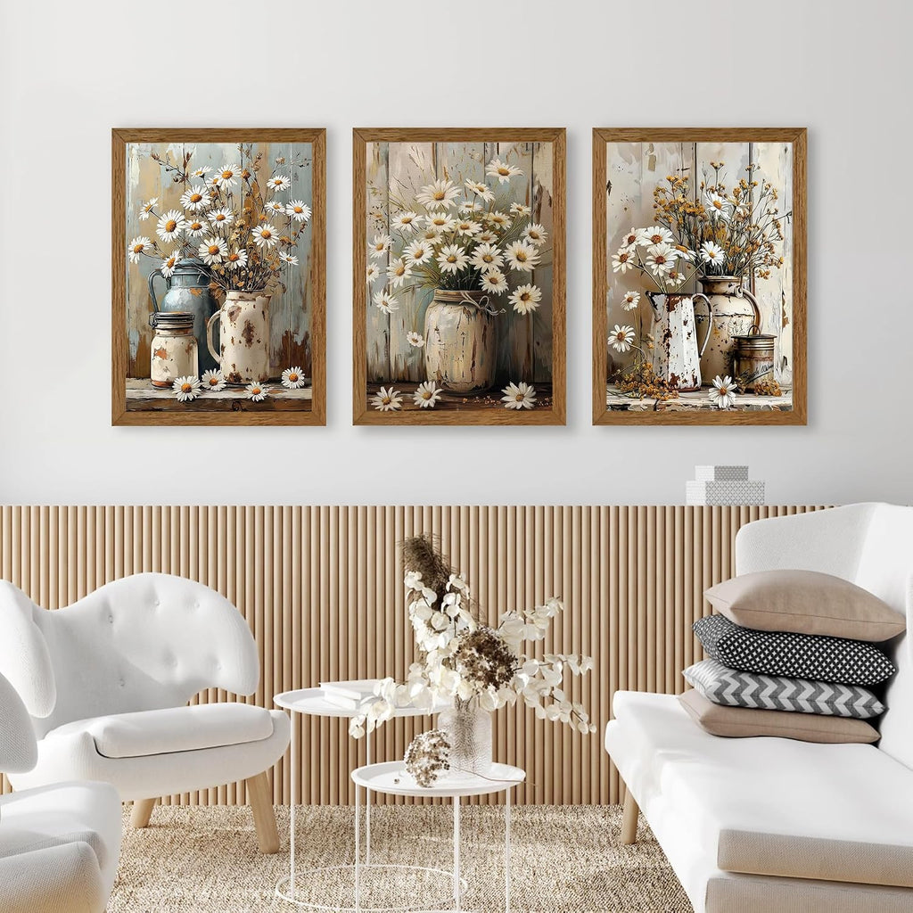 3 Piece Vintage Floral Pictures Canvas Wall Art Nature Themed Daisy Artwork Prints Elegant Farmhouse Wall Decor