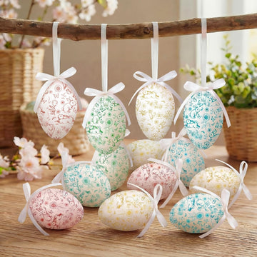 Easter Eggs Hanging Colorful Ornament, Toile de Jouy Style - Set of 24