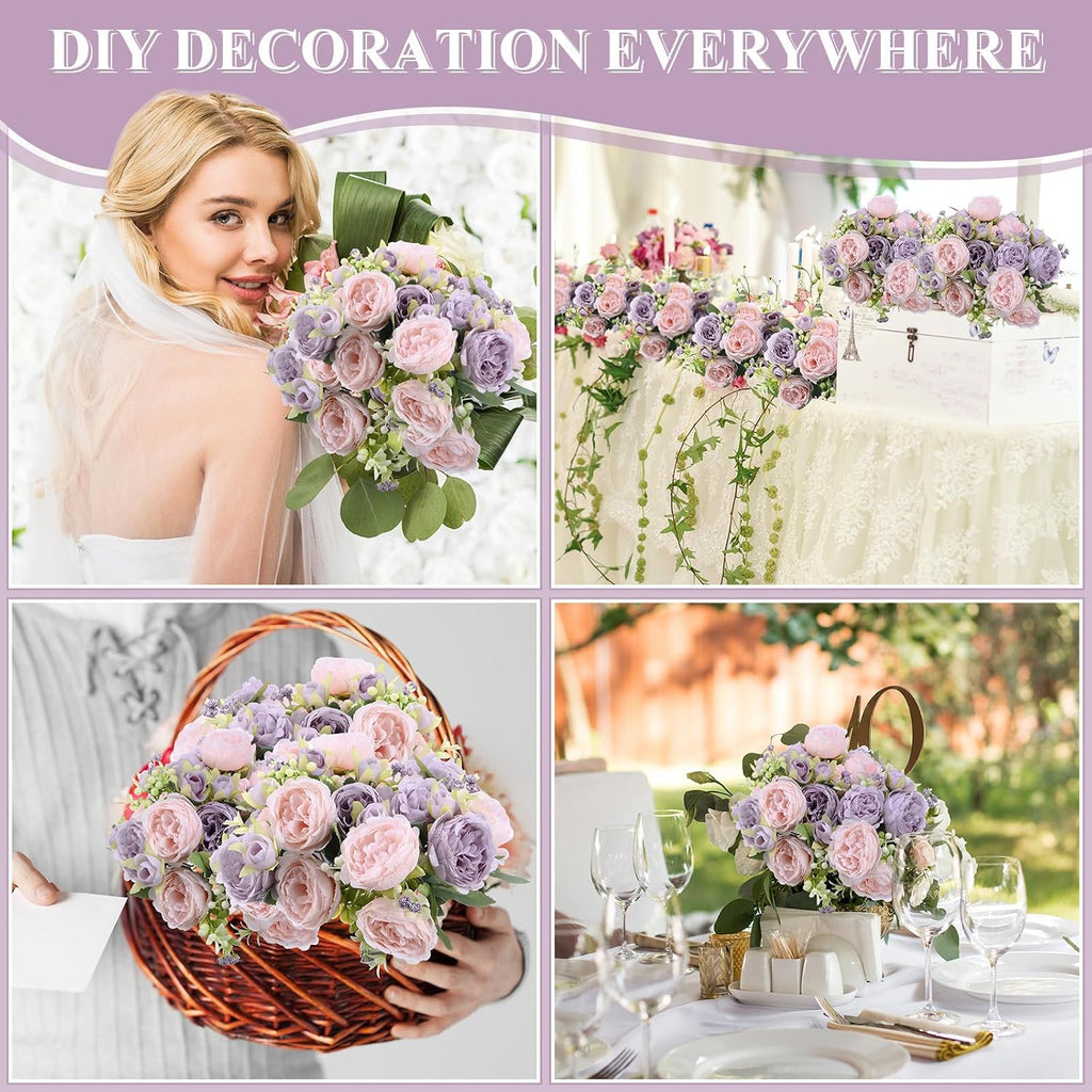 Bundles Artificial Peony Centerpiece Flowers,Pink, Purple - Set of 8