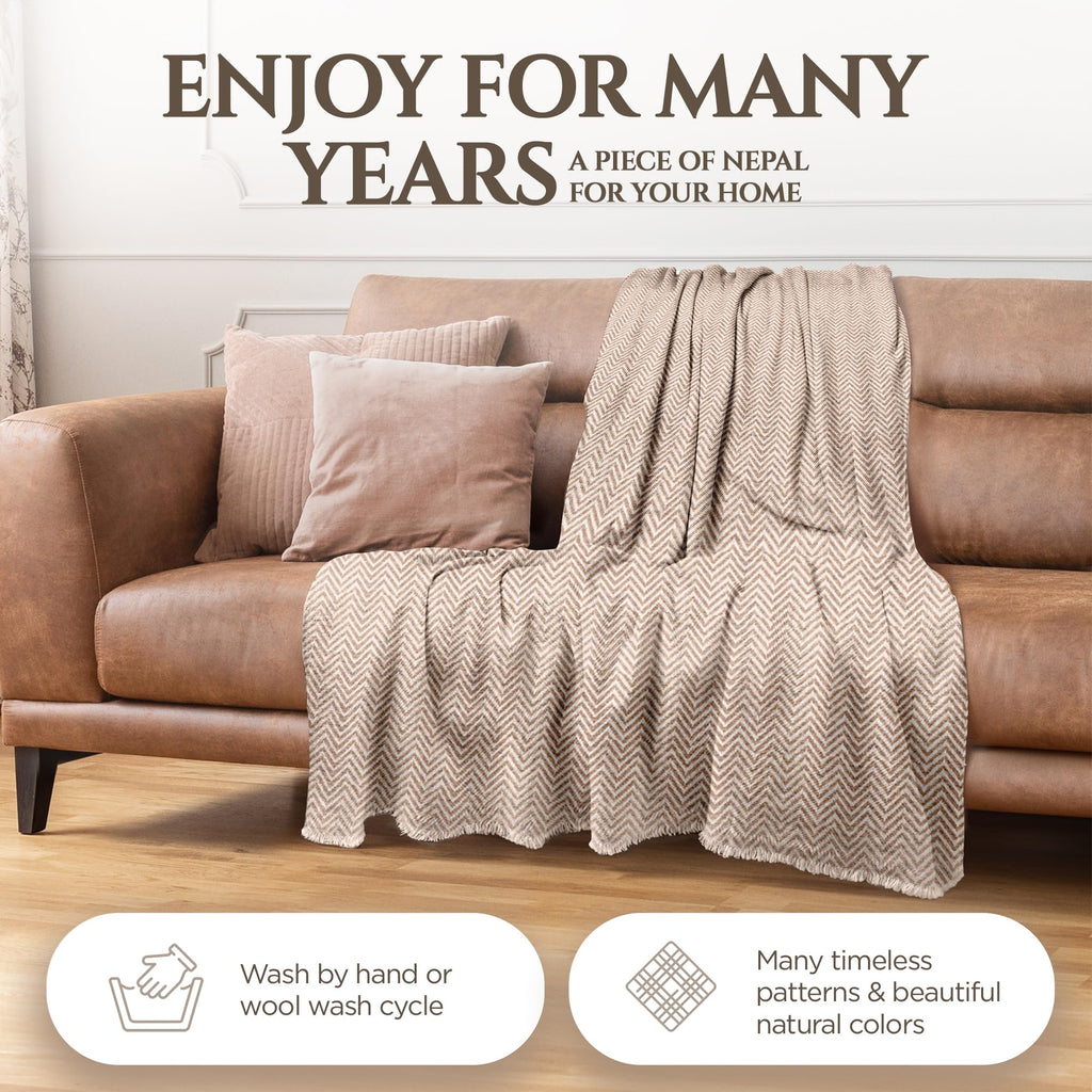 Cashmere Blanket - Hand Woven 100% Pure Wool Throw Blanket, 135 x 270 cm - Herringbone Pattern Cozy, and Soft Blanket