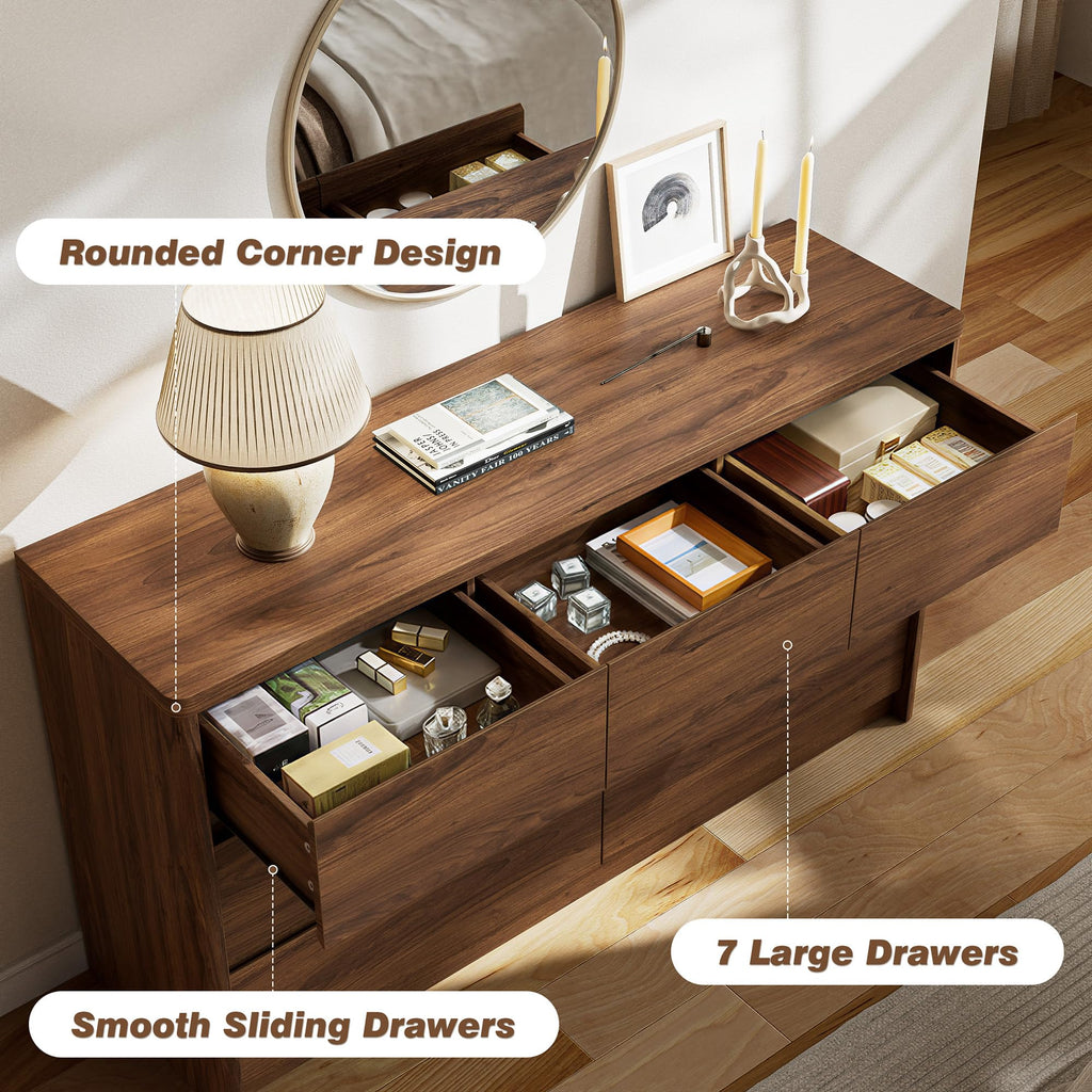 7 Drawer Dresser, Walnut, 55" Wide