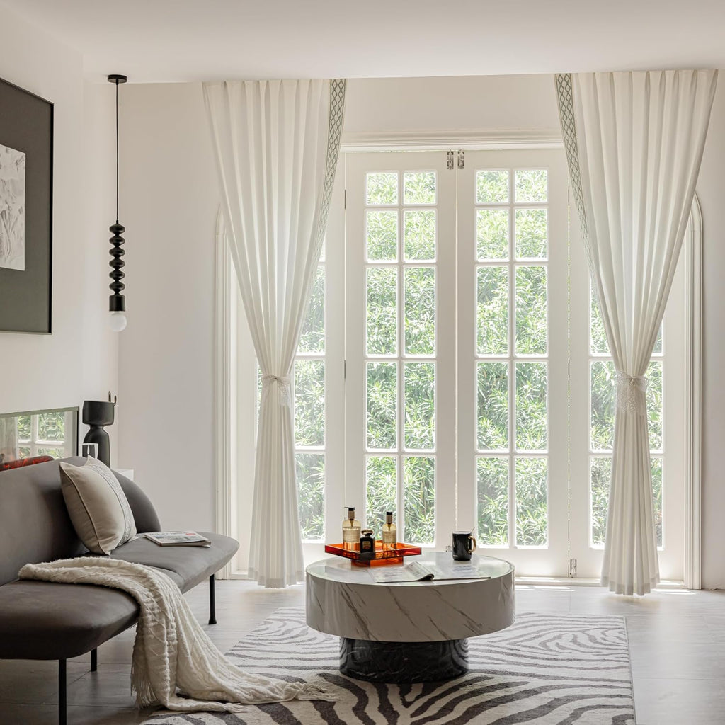 White Colour Linen Curtain Panels with Embroidered Trim Design, Pinch Pleat Curtains, Semi-Sheer Curtains for Sliding