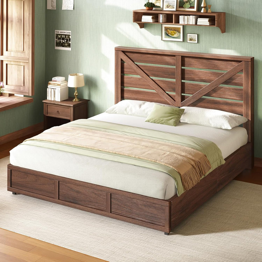 King Farmhouse Bed Frame with 4 Drawers, Wooden Storage Bed Frame with Headboard and Heavy Duty Metal Slats, Noisy