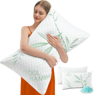 Cooling Pillows, Shredded Memory Foam Pillows Standard Size Set of 2 Adjustable Firm Bamboo Bed Pillows for Hot
