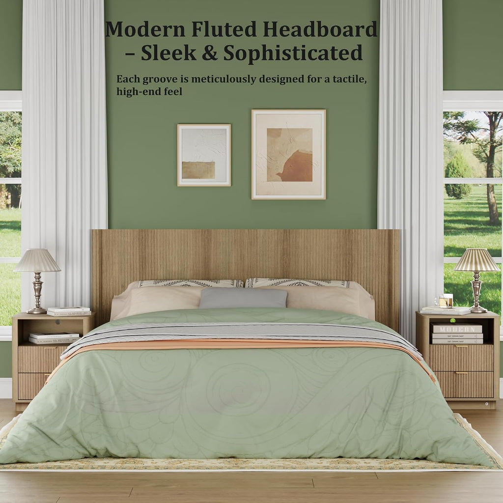 King Headboard Only, Modern Fluted Wall-Mounted Head Board with Lighting, Boho Wood Bed headboard Stylish Bedroom