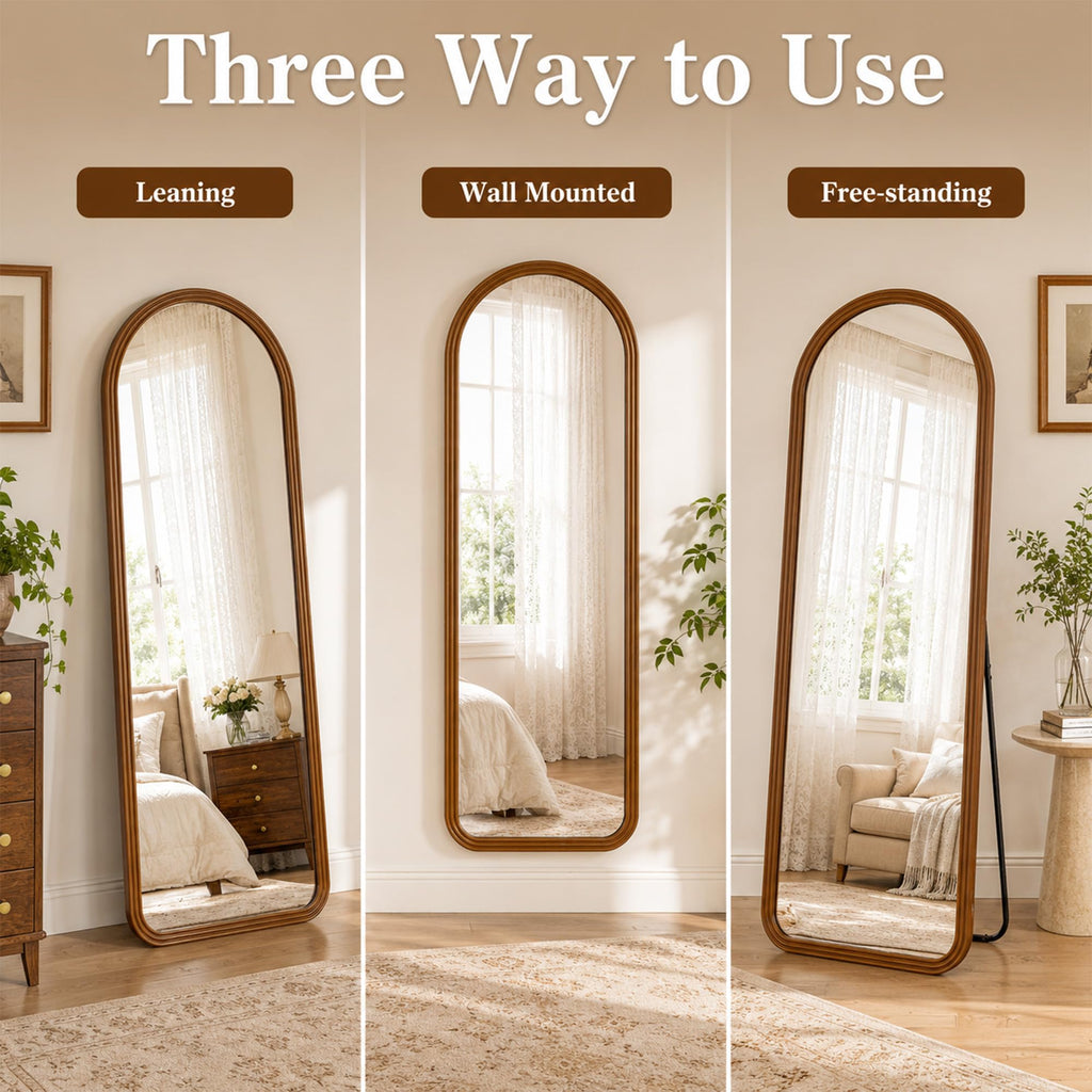 24x65 Inch Wood Arched Full Length Floor Mirror, Red Walnut