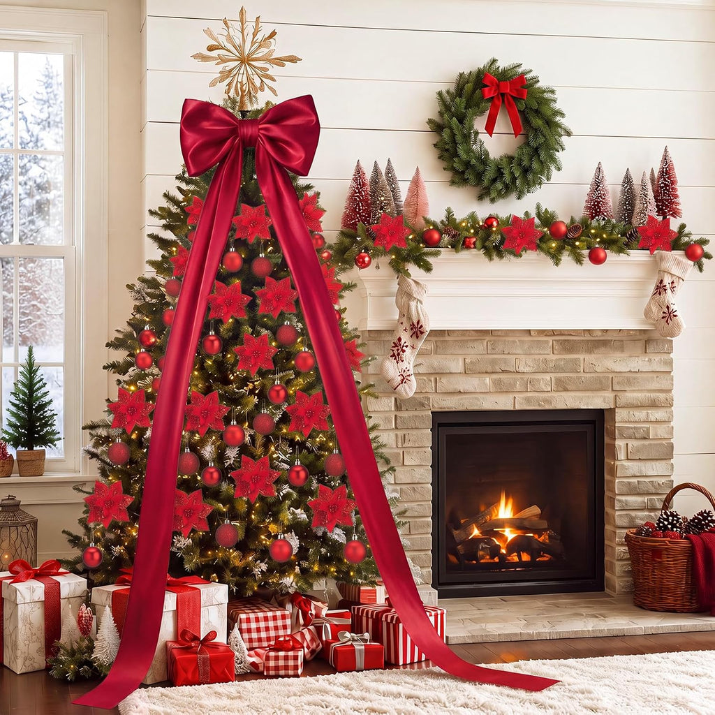 Christmas Tree Decoration Set with Burgundy Tree Topper Bow - Set of 52
