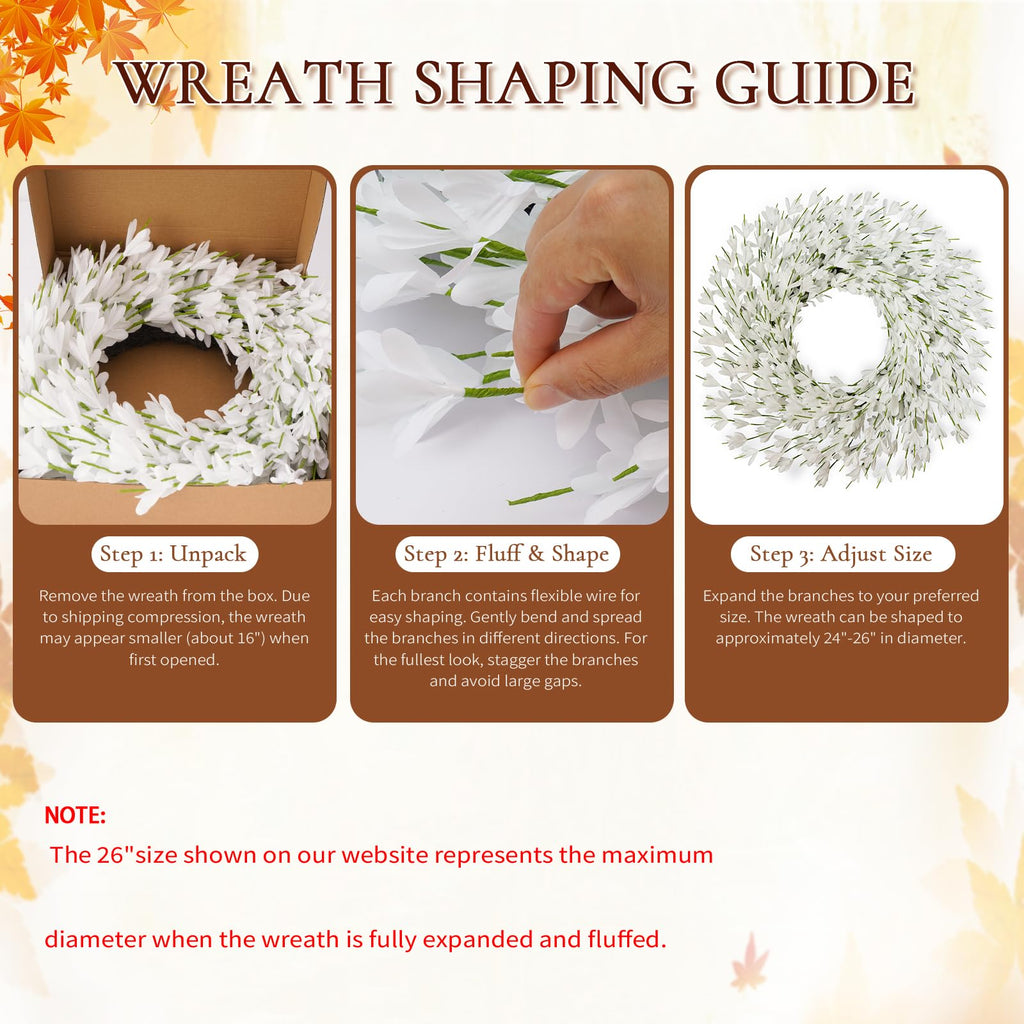 26 Inch Fall Wreath for Front Door, Autumn Thanksgiving Decor (White)