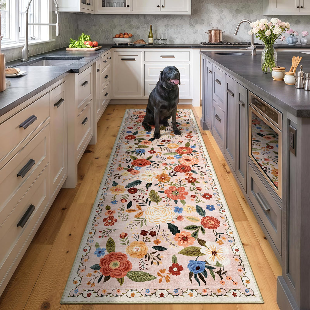 2x6 Washable Runner Rug Beige Boho Floral Kitchen Bedroom