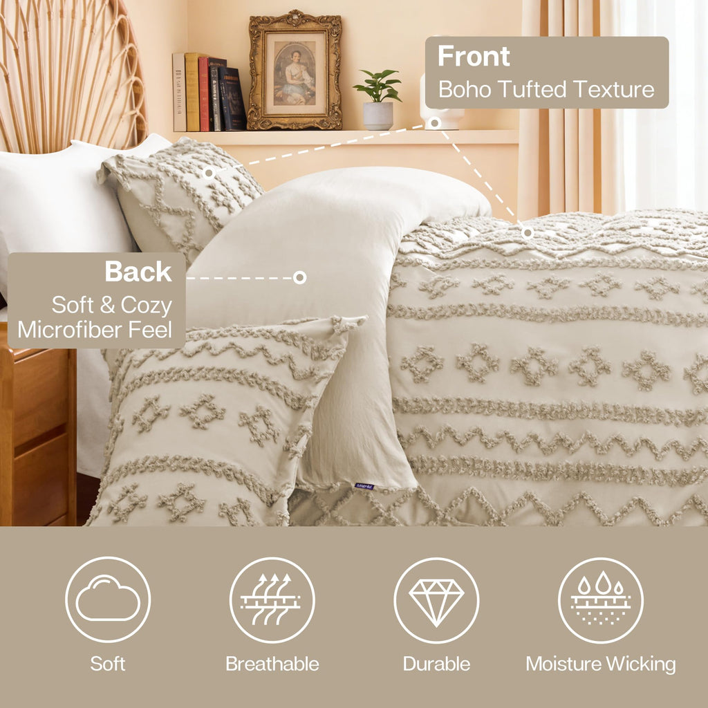 Boho Duvet Cover, Soft Vintage Tufted Bedding, 3-Piece, Linen
