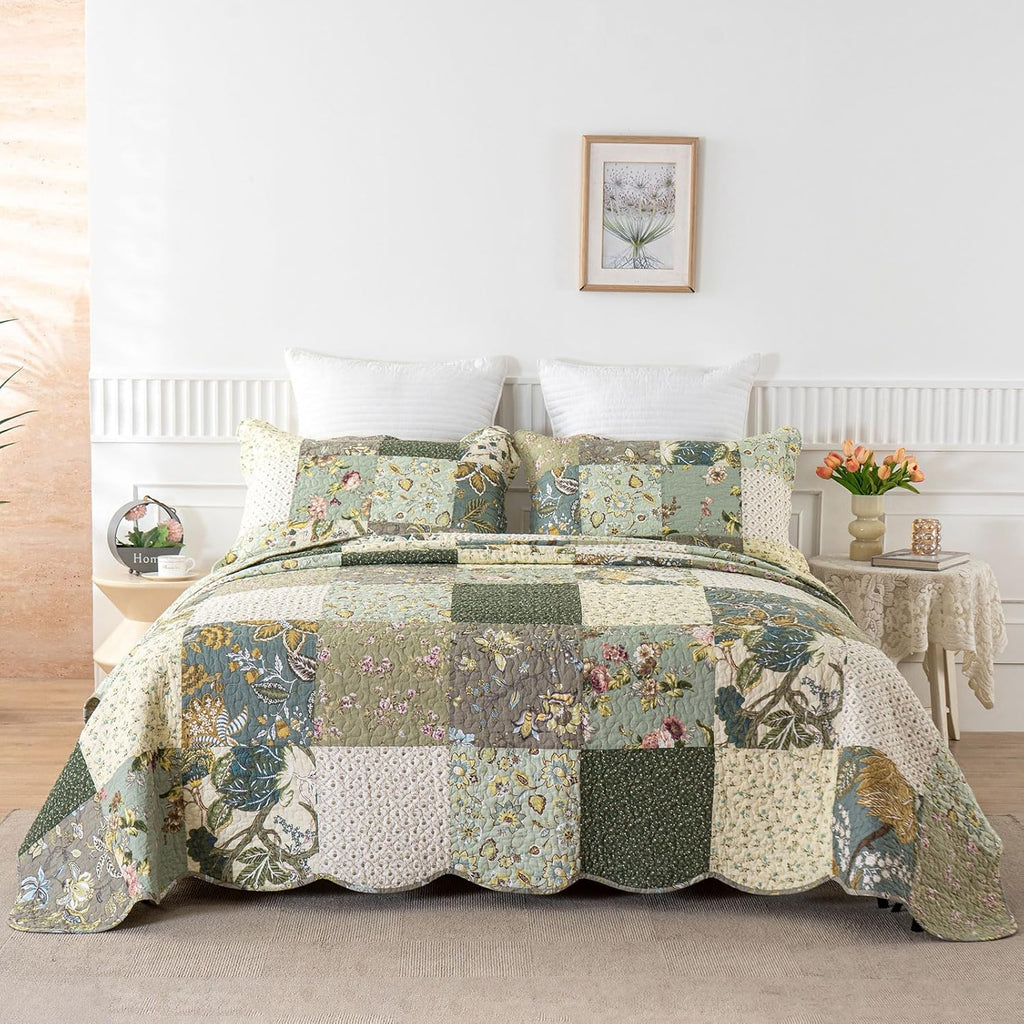 Oversized King Bedspreads Patchwork Quilt Set (120x118 Inch) | 100% Cotton Reversible Breathable Floral Quilted