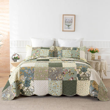 Oversized King Bedspreads Patchwork Quilt Set (120x118 Inch) | 100% Cotton Reversible Breathable Floral Quilted