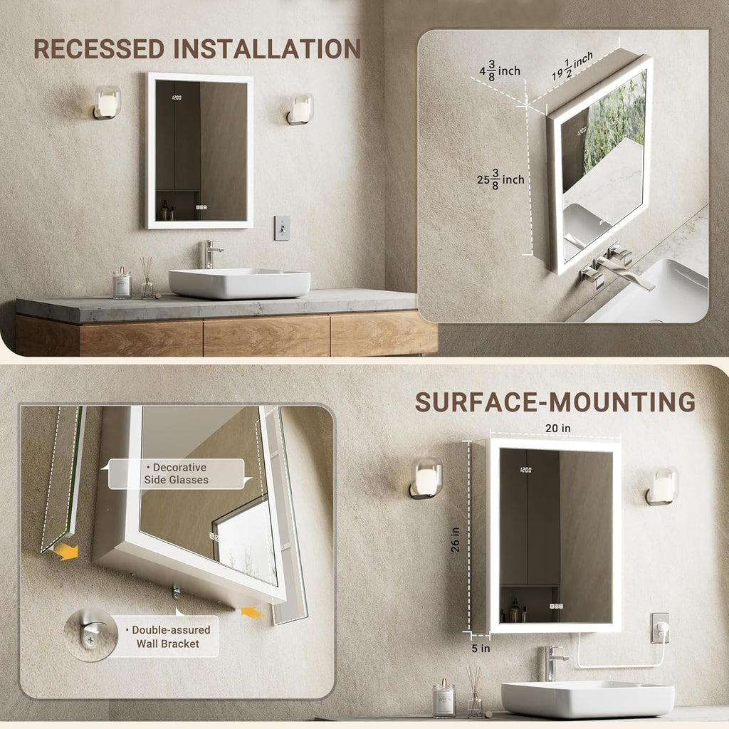 Lighted Medicine Cabinet with Mirror & Clock -20x26 Surface or Recessed Aluminum Medicine Cabinet with Dimmable Light