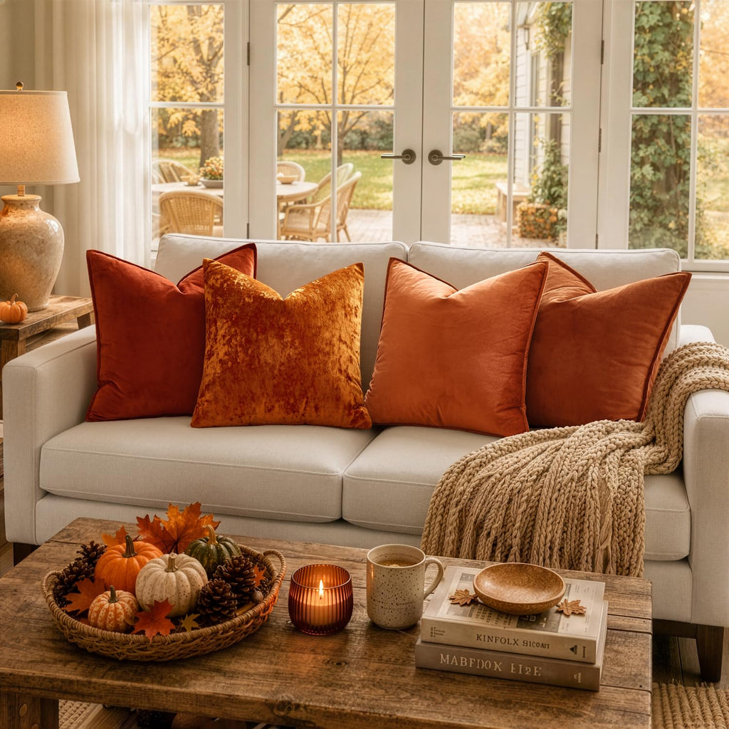 Fall Decorative Orange Velvet Throw Pillow Covers for Couch 20x20 in