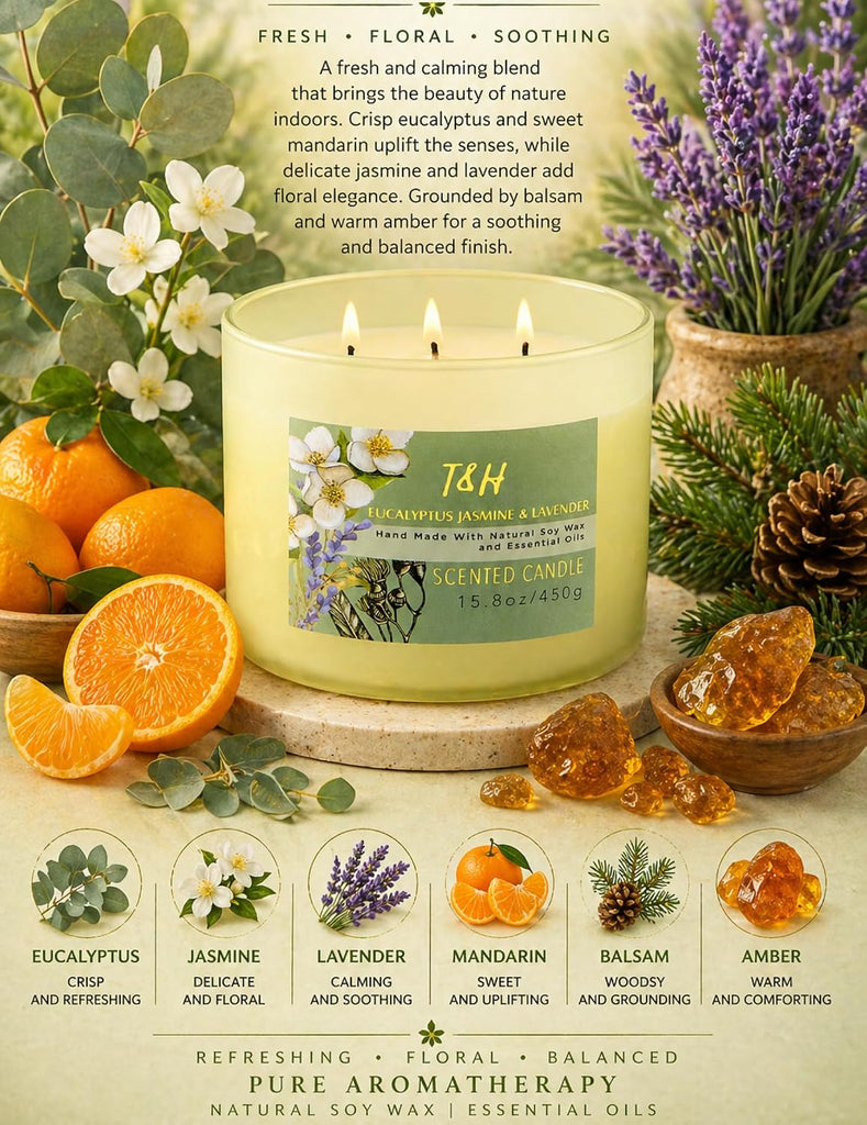 Eucalyptus Jasmine Lavender Scented Candle, 3-Wick Soy Candle - Set of 158