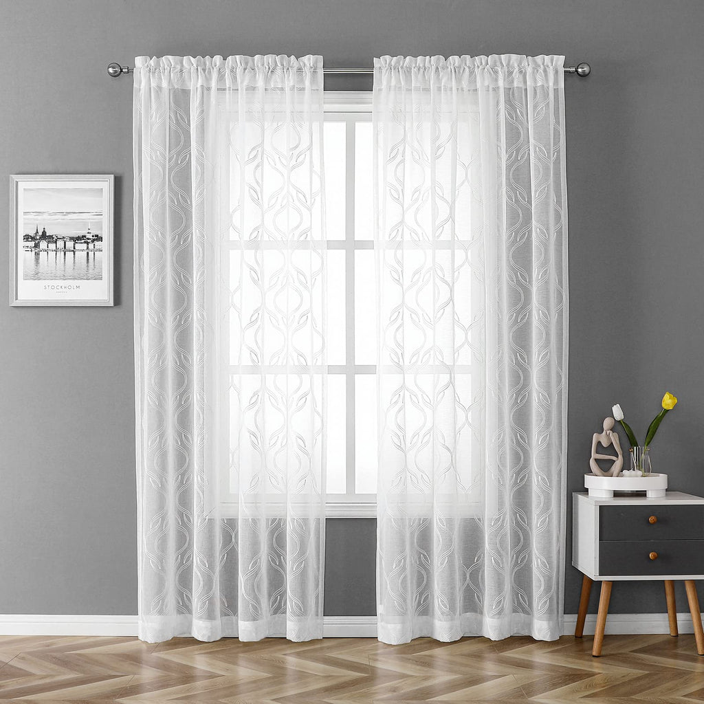 White Sheer Curtains Geometric Moroccan Embroidered 63 Inches