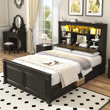 Farmhouse Queen Bed Frame with 55" Tall Storage Headboard & 4 Drawers, Wood Roman Column Platform Bed Frame with 24"