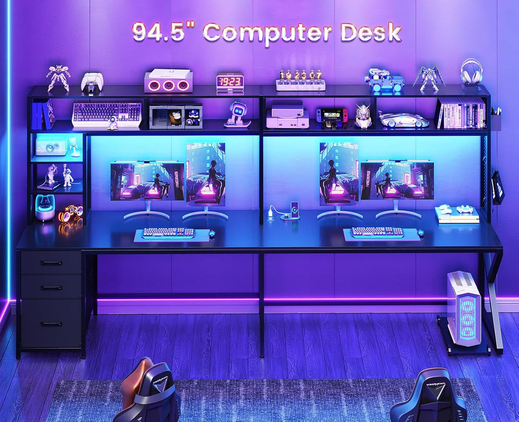L Shaped Gaming Desk with Storage Shelves, Hutch, Drawers | Convertible 94.5" Computer Desk with Power Outlet, LED