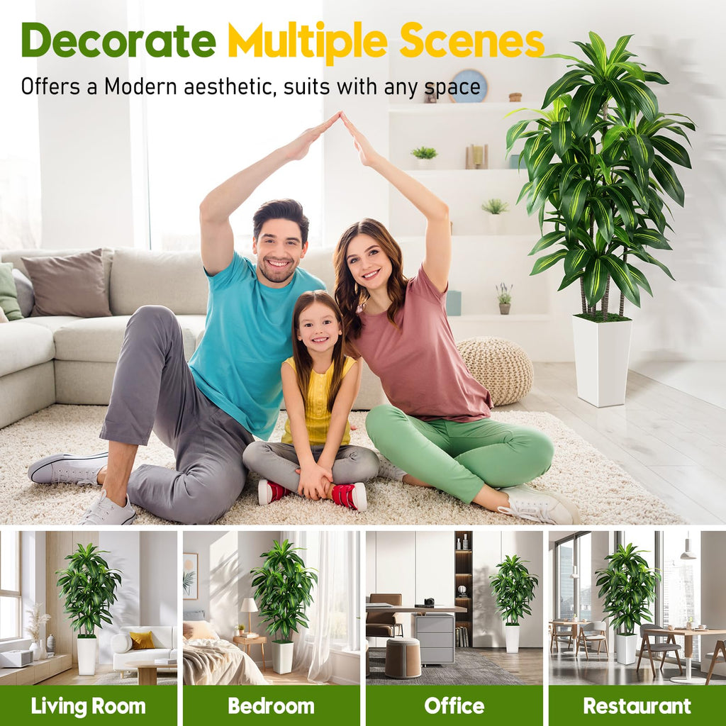 Artificial Dracaena Tree Indoor, 6FT Tall Fake Tree with White Tall Planter