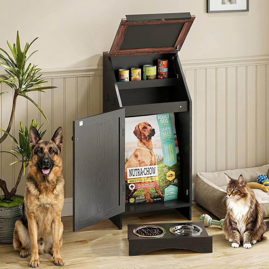 Dog Food Feeding Station with Storage, Pet Food Storage Cabinet with Bowls and Flip-Top Blackboard, Hidden Trash Can