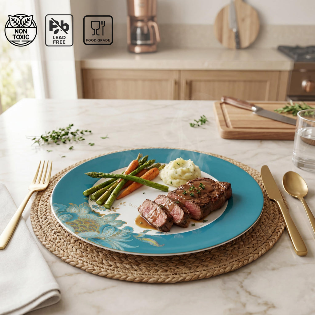 16-Piece Porcelain Dinnerware Set for 4, Elegant Floral Plates and Bowls Sets-White, Teal, Gold Ceramic Dishes, Chip
