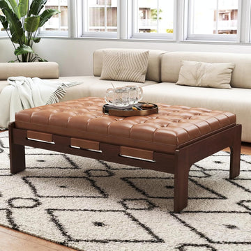 47.75" Large Rectangle Ottoman Coffee Table, Tufted Faux Leather Upholstered Living Room Coffee Table with Solid Wood