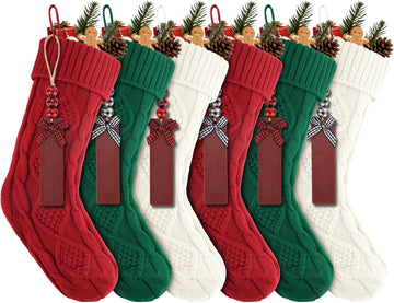 Christmas Stockings, 18 Inches Large Size Cable Knitted Stocking Gifts in Red, White, Green
