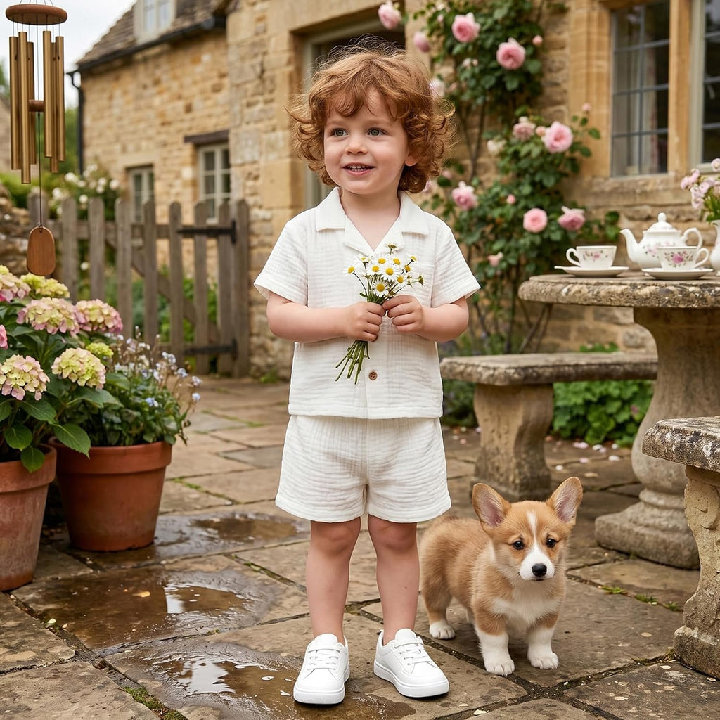 Toddler Baby Boy Summer Outfit Lapel Button Down Shirt Tops Cotton Gauze Shorts 2PCS Infant Little Boy Clothes Set