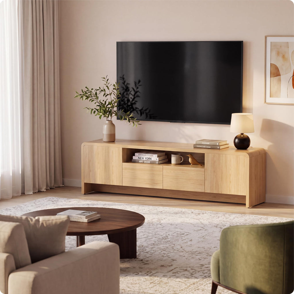70" Curved TV Stand for 75 Inch TV, Modern Wood Media Console