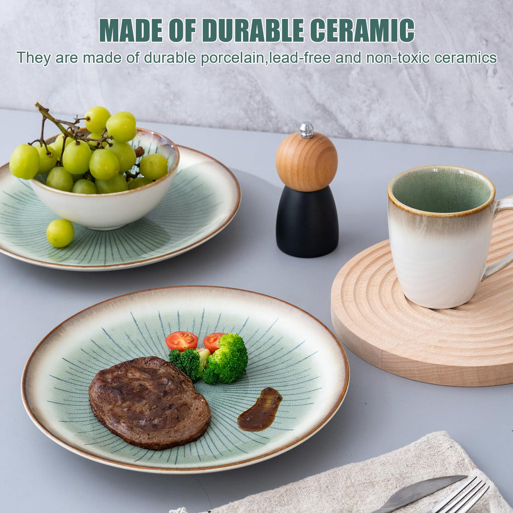 Dinnerware Set Green Stoneware 16 Pieces Service for 4, Stoneware Plates and Bowls Set Highly Chip Dishwasher