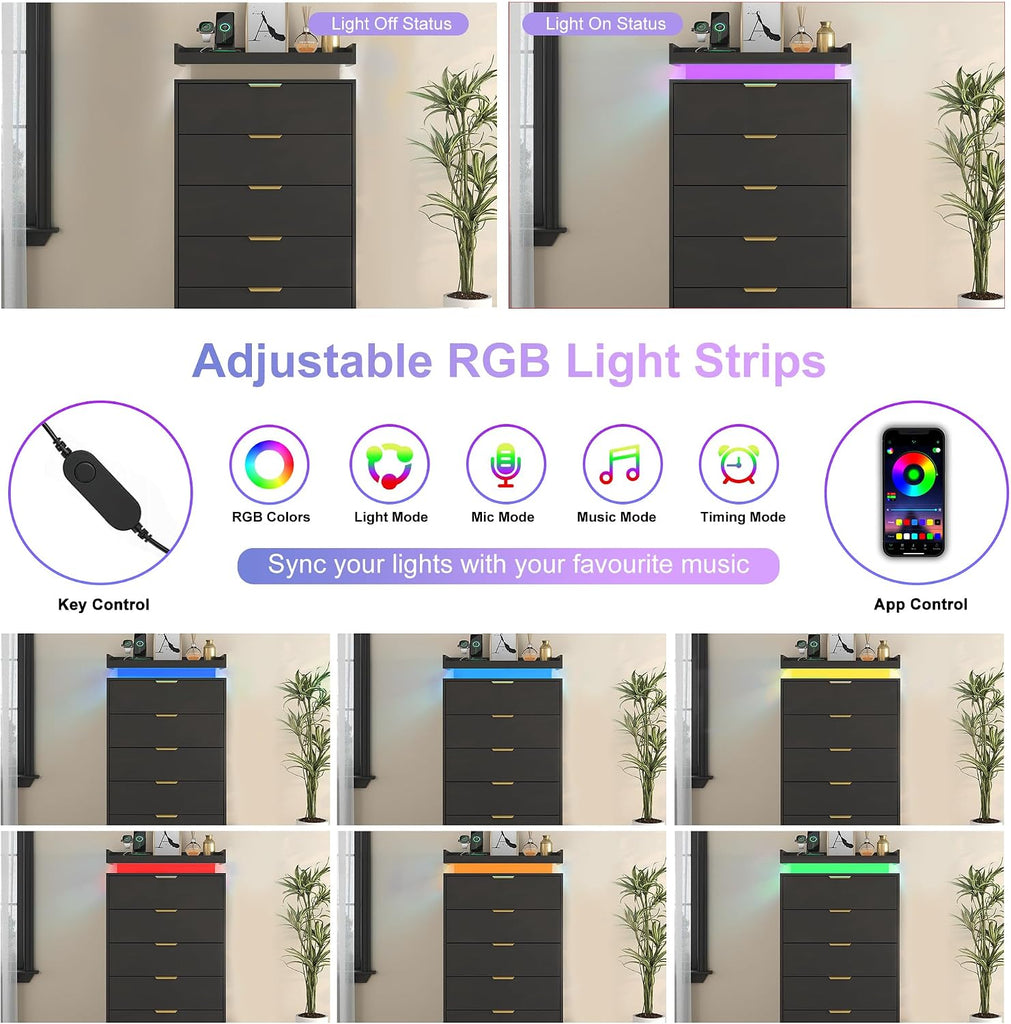 Tall Dresser , Black Dresser with LED Lights, Wood 5 Drawer Chest with Power Outlet, Modern Tall Chest of Drawers