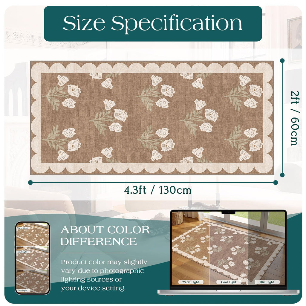 Front Door Mat Indoor Entrance, 2x4.3 Tan Boho Floral Farmhouse Rug