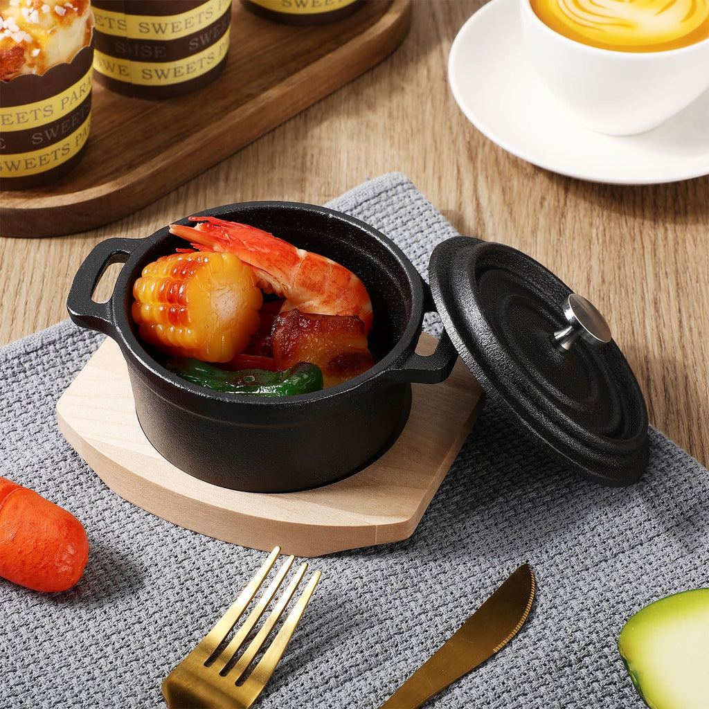 2 Sets 17 oz Mini Dutch Oven Cast Iron Pot with Lid Wood Base
