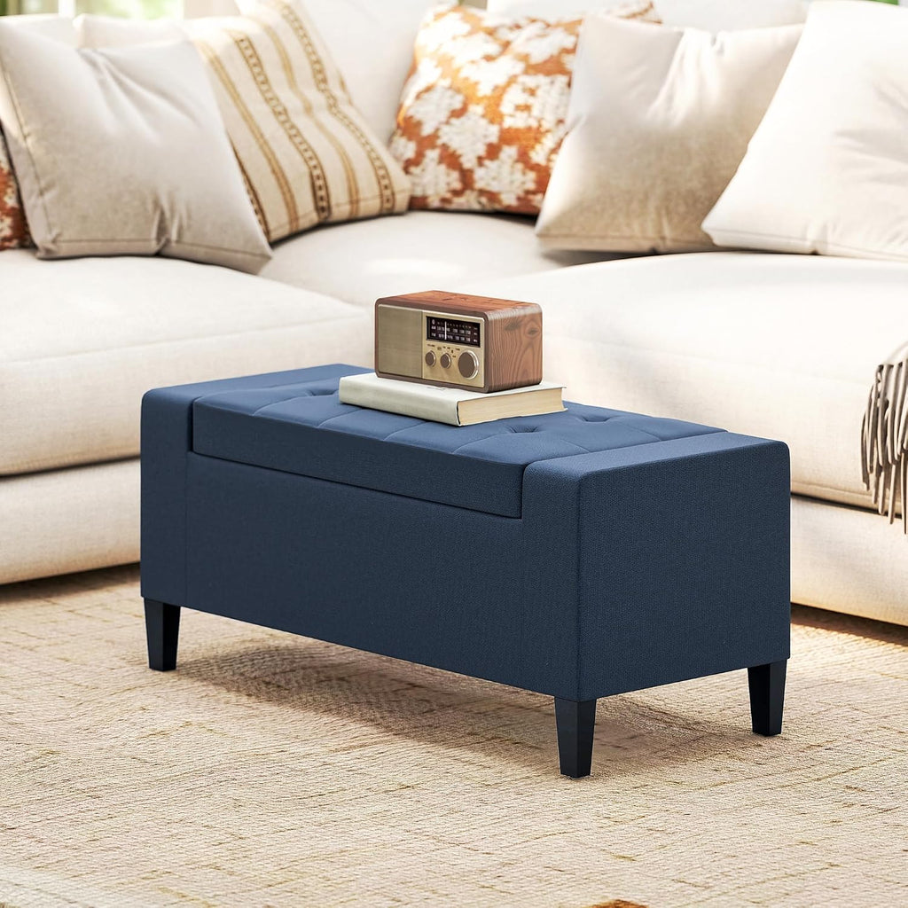 36" Ottoman with Storage, Lift Top Rubberwood Legs 330 lb Dark Blue | Storage Ottoman Bench, Linen Upholstered