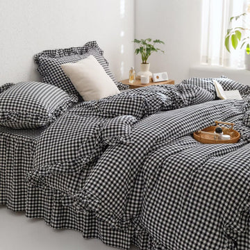 Black and White Gingham Duvet Cover, 3-Piece Ruffled Bedding Set - 100% Washed Cotton, Lightweight & Breathable