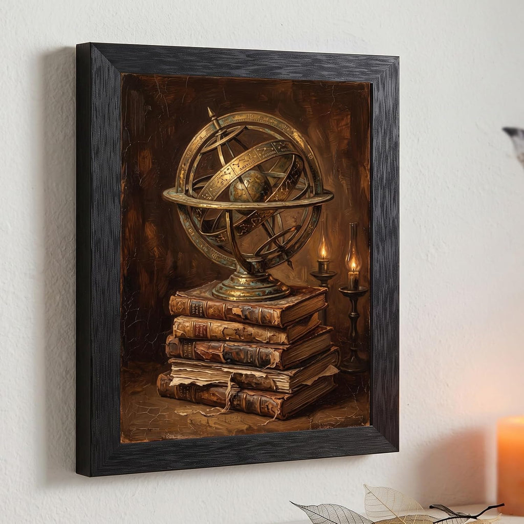 Framed Canvas Wall Art Moody Oil Armillary Sphere and Aged Books Halloween Wall Art Canvas Print Poster Black Frame